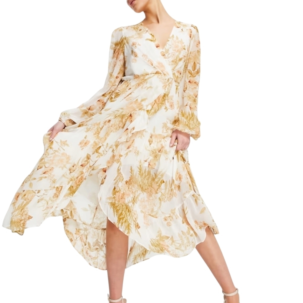 Ever New Dress 4 Ruffle Wrap Midi Ivory Gold floral-Multi V-neck Boho Assymetric